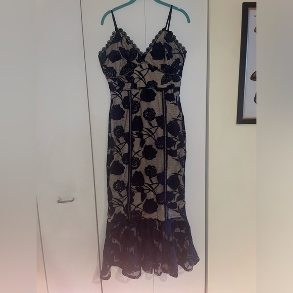 Lulus Navy Blue Floral Mesh Lace Trumpet Midi Dress size M - Picture 2 of 4
